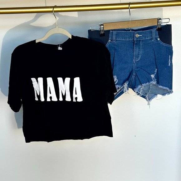Sexy Mama Maternity Set Denim Shorts & Mama Black T-shirt Size: 2-6 - Picture 1 of 15